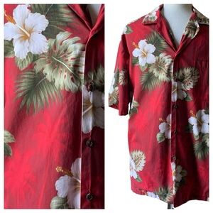 Vintage Pacific Legend Hibiscus Print Red Hawaiian Shirt - Large